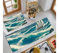 OFFSUM Set Di Tappeti Da Cucina Vela Sulle Onde Del Mare 2 Pezzi Di Tappeti E Zerbini Da Cucina Per Corridoio Ingresso Ufficio Decorazione Della Casa Tappeto Antiscivolo 43X75Cm+43X120Cm