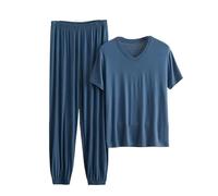 OFFSUM Set Pigiama da Uomo - Top in Cotone A Maniche Corte con Scollo A V E Pantaloni Lunghi Indumenti da Notte in Due Pezzi per La Casa in Tinta Unita Casual Estivi di Grandi Dimensioni,Blu,5XL