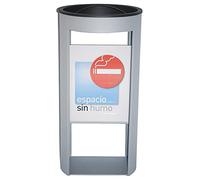 OFITURIA Cenicero de Pie y Pared para Exterior con Cartel Metálico Color Plata Rejilla Superior Extraíble de Colillas Apto para Utilizar con Arena