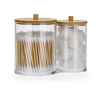 OGANAZI Bacchette di cotone acrilico contenitore trasparente rotondo contenitore con coperchio in bambù piccolo organizer per tamponi, uova di bellezza, tamponi, fasce per capelli (dispenser 2 in 1)