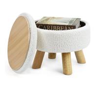 OGEMXU Poggiapiedi ottomano, piccolo pouf rotondo con vano portaoggetti, in velluto bouclé Teddy, con gambe in legno, morbido sgabello con spazio di archiviazione per soggiorno, camera da letto