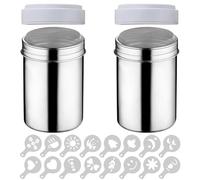Ogetok Set di 2 shaker per zucchero a polvere, in acciaio inox, con setaccio per farina, condimento con coperchio e 16 stencil per caffè, per bicarbonato di sodio, cappuccino, cannella, pane, torte