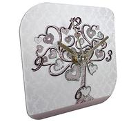 oggettando, Orologio da tavolo in ecopelle bianca stampa ALBERO DELLA VITA CUORE ARGENTO in scatola da regalo. Bomboniere, anniversari. Regali utili, Originali ed Economici (22x22)