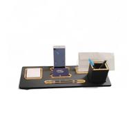 oggettando Set Scrivania in eco pelle PU Nera, 5in1 Organizer, Supp. smartphone, Porta lettere, Porta bigliett, Porta carte ades, Bicch. portapenne, supporto penna per Ufficio Casa (ACRILICO ORO)