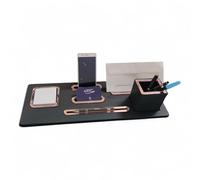 Oggettando Set Scrivania in eco pelle PU Nera, 5in1 Organizer, Supp. smartphone, Porta lettere, Porta bigliett, Porta carte ades, Bicch. portapenne, supporto penna per Ufficio Casa (ACRILICO ORO ROSA)