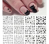 ognissanti 12 Design Nail Art Stickers carino Cat Black cartone animato Dog Animals Pattern Nail Sliders Water Transfer Nail Art Decals Summer Spring Manicure Decorationsadesivi unghiestickers unghiea
