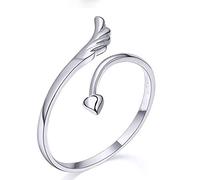 Ogquaton Gioielli durevoli - Anello da donna Anello regolabile in argento sterling a forma di cuore con ali d'angelo