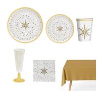 OH YEAH - Kit di Stoviglie Monouso 12 Persone per Capodanno - 80 Pezzi - Bianco e Oro - Piatti, Bicchieri, Tovaglioli - Decorazione Tavolo Fine Anno - Design con Stelle Luminose - Festa di Natale