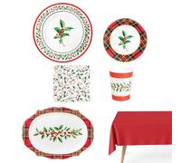 OH YEAH - Kit stoviglie Natale 12 Persone Tartan - 73 Pezzi - Piatti, Bicchieri e Tovaglioli Monouso - A tema natalizio - Cene di Natale, Riunioni di famiglia e Feste di fine anno