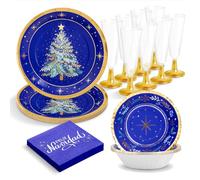 OH YEAH - Kit stoviglie Natale 6 persone blu notte - 50 pezzi - Piatti, bicchieri e tovaglioli usa e getta - tema natalizio - Cene natalizie, riunioni di famiglia e feste di fine anno