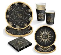 OH YEAH - Kit stoviglie usa e getta Capodanno - Pezzi - Piatti, Bicchieri e Tovaglioli di fine anno - Decorazione per tavolo Festivas Happy New Year (6 persone Happy New Year Nero)