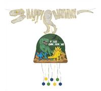 OH YEAH - Pignata di compleanno per bambini Dinosauro con ghirlanda - Grande pignata di compleanno - Decorazione per feste per bambini - pignata 50 x 43 cm e ghirlanda 2,15 m - FACILE MONTAGGIO