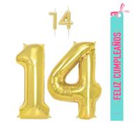OH YEAH - Set decorazione compleanno 14 anni oro - palloncini numeri Foil 100 cm + candele + banda felice compleanno - festa 18 20 30 40 50 70 80 90 anni - uomo e donna - adatto a higlio