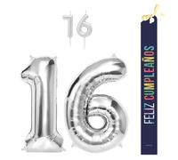 OH YEAH - Set decorazione compleanno 16 anni argento - palloncini numeri Foil 100 cm + candele + banda felice compleanno - festa 18 20 30 40 50 60 70 80 90 anni - uomo e donna - adatto a higlio