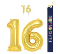 OH YEAH - Set decorazione compleanno 16 anni d'oro - palloncini numeri Foil 100 cm + candele + banda felice compleanno - festa 18 20 30 40 50 70 80 90 anni - uomo e donna - adatto a higlio
