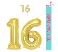 OH YEAH - Set decorazione compleanno 16 anni d'oro - palloncini numeri Foil 100 cm + candele + banda felice compleanno - festa 18 20 30 40 50 70 80 90 anni - uomo e donna - adatto a higlio