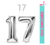 OH YEAH - Set decorazione compleanno 17 anni argento - palloncini numeri Foil 100 cm + candele + banda felice compleanno - festa 18 20 30 40 50 60 70 80 90 anni - uomo e donna - adatto a higlio