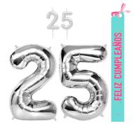OH YEAH - Set decorazione compleanno 25 anni argento - palloncini numeri Foil 100 cm + candele + banda felice compleanno - festa 18 20 30 40 50 60 70 80 90 anni - uomo e donna - adatto a higlio