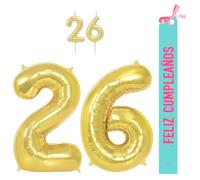 OH YEAH - Set decorazione compleanno 26 anni oro - palloncini numeri Foil 100 cm + candele + banda felice compleanno - festa 18 20 30 40 50 70 80 90 anni - uomo e donna - adatto a higlio