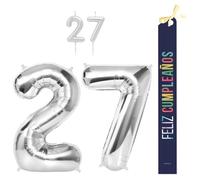 OH YEAH - Set decorazione compleanno 27 anni argento - palloncini numeri Foil 100 cm + candele + banda felice compleanno - festa 18 20 30 40 50 60 70 80 90 anni - uomo e donna - adatto a higlio