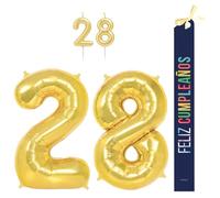 OH YEAH - Set decorazione compleanno 28 anni oro - palloncini numeri Foil 100 cm + candele + banda felice compleanno - festa 18 20 30 40 50 70 80 90 anni - uomo e donna - adatto a higlio