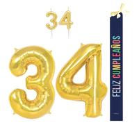 OH YEAH - Set decorazione compleanno 34 anni oro - palloncini numeri foil 100 cm + candele + banda felice compleanno - festa 18 20 30 40 50 70 80 90 anni - uomo e donna - adatto a higlio