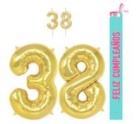 OH YEAH - Set decorazione compleanno 38 anni oro - palloncini numeri foil 100 cm + candele + banda felice compleanno - festa 18 20 30 40 50 70 80 90 anni - uomo e donna - adatto a higlio