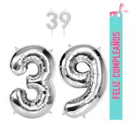 OH YEAH - Set decorazione compleanno 39 anni argento - palloncini numeri Foil 100 cm + candele + banda felice compleanno - festa 18 20 30 40 50 60 70 80 90 anni - uomo e donna - adatto a higlio