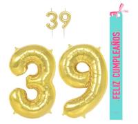 OH YEAH - Set decorazione compleanno 39 anni oro - palloncini numeri foil 100 cm + candele + banda felice compleanno - festa 18 20 30 40 50 70 80 90 anni - uomo e donna - adatto a higlio