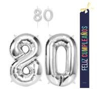 OH YEAH - Set decorazione compleanno 80 anni argento - palloncini numeri Foil 100 cm + candele + banda felice compleanno - festa 18 20 30 40 50 60 70 80 90 anni - uomo e donna - adatto a higlio