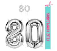 OH YEAH - Set decorazione compleanno 80 anni argento - palloncini numeri Foil 100 cm + candele + banda felice compleanno - festa 18 20 30 40 50 60 70 80 90 anni - uomo e donna - adatto a higlio