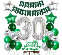 Ohaoduo Decorazione 30 Anni Compleanno Verde Argento, Palloncini 30 Anni Uomo Donna, Festa 30 Anni, Striscione Ghirlanda, Nastro, 18 Palloncini Lattice, 4 Palloncini Foil Stella