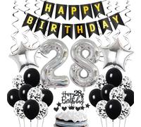 Ohaoduo Decorazione Compleanno 28 Anni Uomo, Nero e Argento, Include Palloncini, Nastro