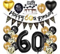 Ohaoduo Decorazione Compleanno 60 Anni Palloncini Oro Nero, Striscione Happy 60th Birthday, Palloncini Numerici, A Cuore, Buon Compleanno, Metallici Cromati, Coriandoli, Decorazioni Torta, Nastro