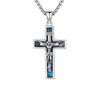 OHAYOO Collana da uomo a forma di croce, in argento 925, ciondolo a forma di crocifisso con abalone, turchese, malachite, lapislazzuli e catena in acciaio inox, collana in argento cristiano da uomo