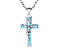 OHAYOO Collana da uomo a forma di croce, in argento 925, ciondolo a forma di crocifisso con abalone, turchese, malachite, lapislazzuli e catena in acciaio inox, collana in argento cristiano da uomo