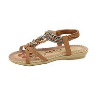 Ohemian - Sandali da donna casual con cinturino elastico alla caviglia, sandali da spiaggia infradito con perline larghe e punta aperta, infradito piatte comode per passeggiate all'aperto, Marrone