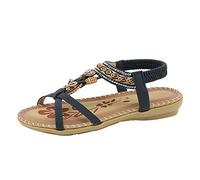 Ohemian - Sandali da donna casual con cinturino elastico alla caviglia, sandali da spiaggia infradito con perline larghe e punta aperta, infradito piatte comode per passeggiate all'aperto, Blu, 39.5