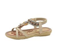 Ohemian - Sandali da donna casual con cinturino elastico alla caviglia, sandali da spiaggia infradito con perline larghe e punta aperta, infradito piatte comode per passeggiate all'aperto, Beige, 39.5