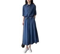 OHERUWKLS Denim 2 Pezzi Abiti Per Le Donne 3/4 Maniche Risvolto Camicie Maxi Abito Con Coulisse Set Con Tasche,Blu,L