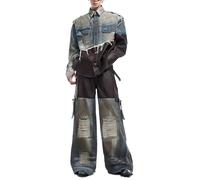 OHERUWKLS Giacca Di Denim in Pelle Sciolta Da Strada Da Uomo, Pantaloni Di Jeans Strappati E Usurati, 2 Pezzi,Blu,L