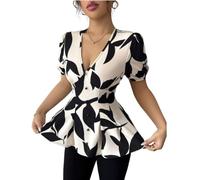 OHERUWKLS Top Da Donna A Maniche A Sbuffo Floreale Con Scollo A V E Bottoni Frontali Aderente Per Lavoro Appuntamento O Festa,Apricot,L