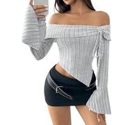 OHERUWKLS Womens Sexy Coulisse Off La Spalla Top Polsini Svasati Textured Orlo Irregolare T Shirts,Grigio,L