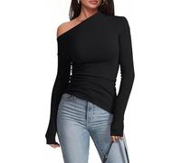 Oheyeseker Donne Sexy off Shoulder Maniche Lunghe Top Casual Camicie Increspature Slim Fit Going out T-Shirts(Nero, X-Large)