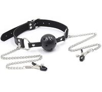 OhMama Fetish Breatherable Ball Gag With Nipple Clamps