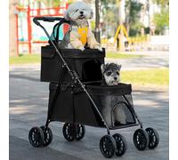 OHMG 3 in 1 Passeggino pieghevole a 2 piani con finestra a rete e portabicchieri, per animali domestici fino a 16 kg, per 2 cani di piccola taglia, 4 ruote