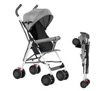 OHMG Passeggino compatto 0-6 anni, carrozzina 4 ruote, con ombrellone e zanzariera, cuscino in cotone, ruote bloccabili (grigio)