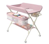 OHMG Tavolo per pannolini pieghevole, piano per pannolini con cestello laterale e asta di sospensione, regolabile in altezza, con ruote bloccabili, fino a 15 kg, 0-36 mesi, 75 x 68 x 83-91 cm