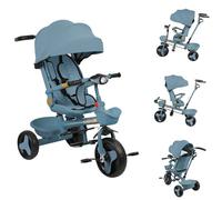 OHMG Triciclo 4 in 1, per bambini da 1 a 5 anni, con tetto parasole rimovibile, barra di spinta, jogger, con finestra del tetto, cinture di sicurezza, pedale, sedile girevole (A-Blu)