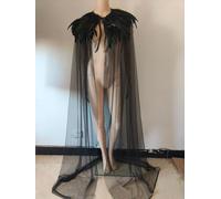 OhMill Mantello in Tulle Nero con Scialle Piuma Gotico Spalline Piume Steampunk di Halloween Mantello Da Strega con Collo Piume per Festa Ballo Mascherato Mardi Grasso
